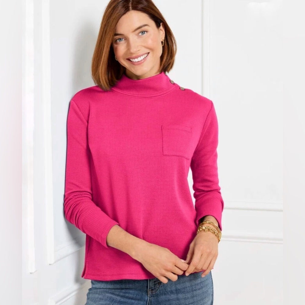 Talbots Plus Fuchsia Pink Mock neck Pullover Knit Sweater Shoulder Button Detail